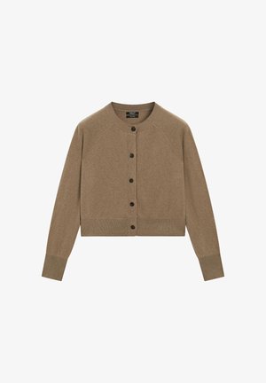 Bruine cropped cardigan gemaakt van zacht materiaal, met een ronde halslijn, lange raglanmouwen en zes zwarte knopen aan de voorkant.