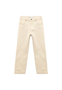 Jeans in cotone beige con taglio dritto, design a cinque tasche, cuciture sottili e dettagli in metallo sulla cintura.