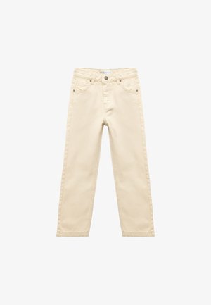 Jeans in cotone beige con taglio dritto, design a cinque tasche, cuciture sottili e dettagli in metallo sulla cintura.