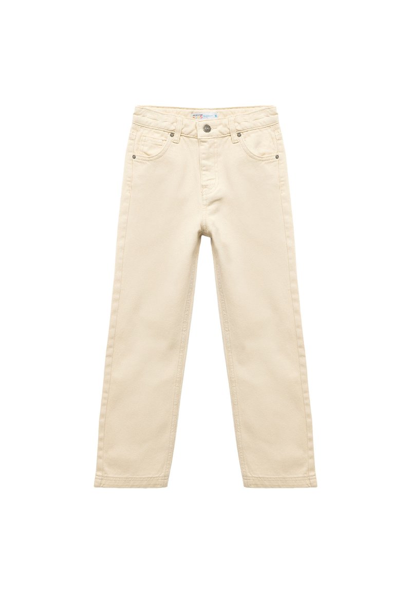 Jeans in cotone beige con taglio dritto, design a cinque tasche, cuciture sottili e dettagli in metallo sulla cintura.