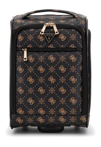 Zwarte synthetische bagage met gouden accenten, voorzien van een herhalend logo en een spinnenwebpatroon. Het heeft een stevige handgreep en een dubbele ritsluiting.