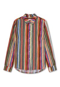 Kleurrijk gestreept overhemd met verticale strepen in rood, groen, blauw, geel en oranje, met een klassieke kraag en lange mouwen.
