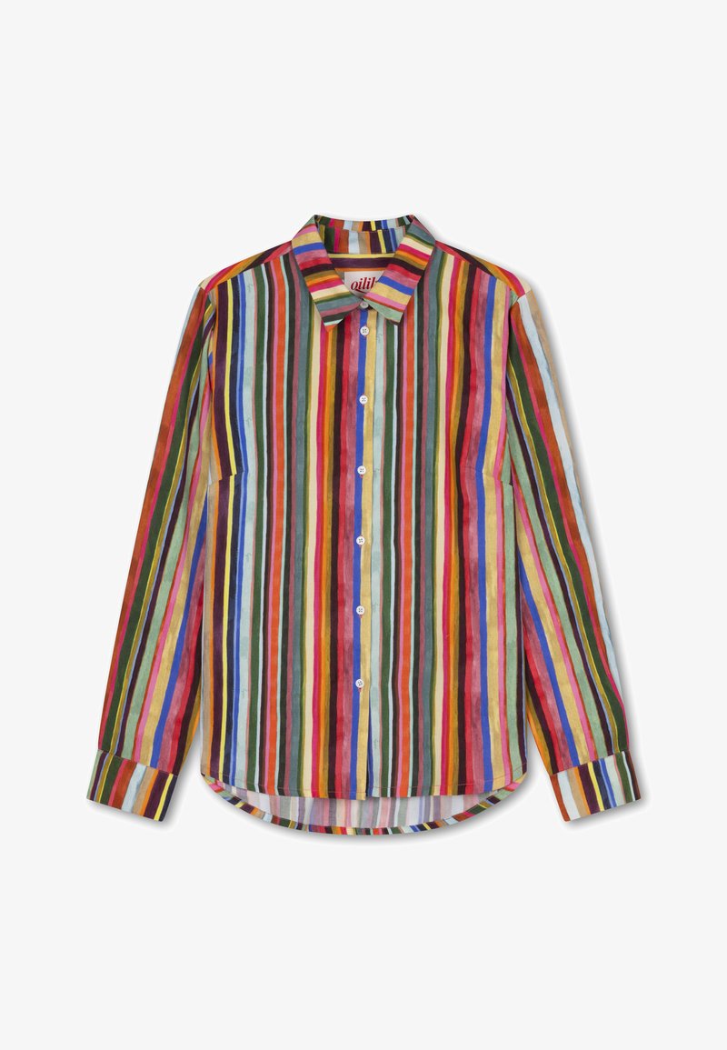 Kleurrijk gestreept overhemd met verticale strepen in rood, groen, blauw, geel en oranje, met een klassieke kraag en lange mouwen.