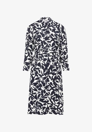 Sukienka z długim rękawem, zapinana na guziki, w kolorze granatowym i białym, z kwiatowym wzorem, paskiem w talii i miękkim teksturowanym materiałem.