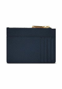 Portafoglio in pelle blu navy con superficie testurizzata, dotato di chiusura con zip e cinque slot per carte di credito su un lato. Accenti in metallo dorato.