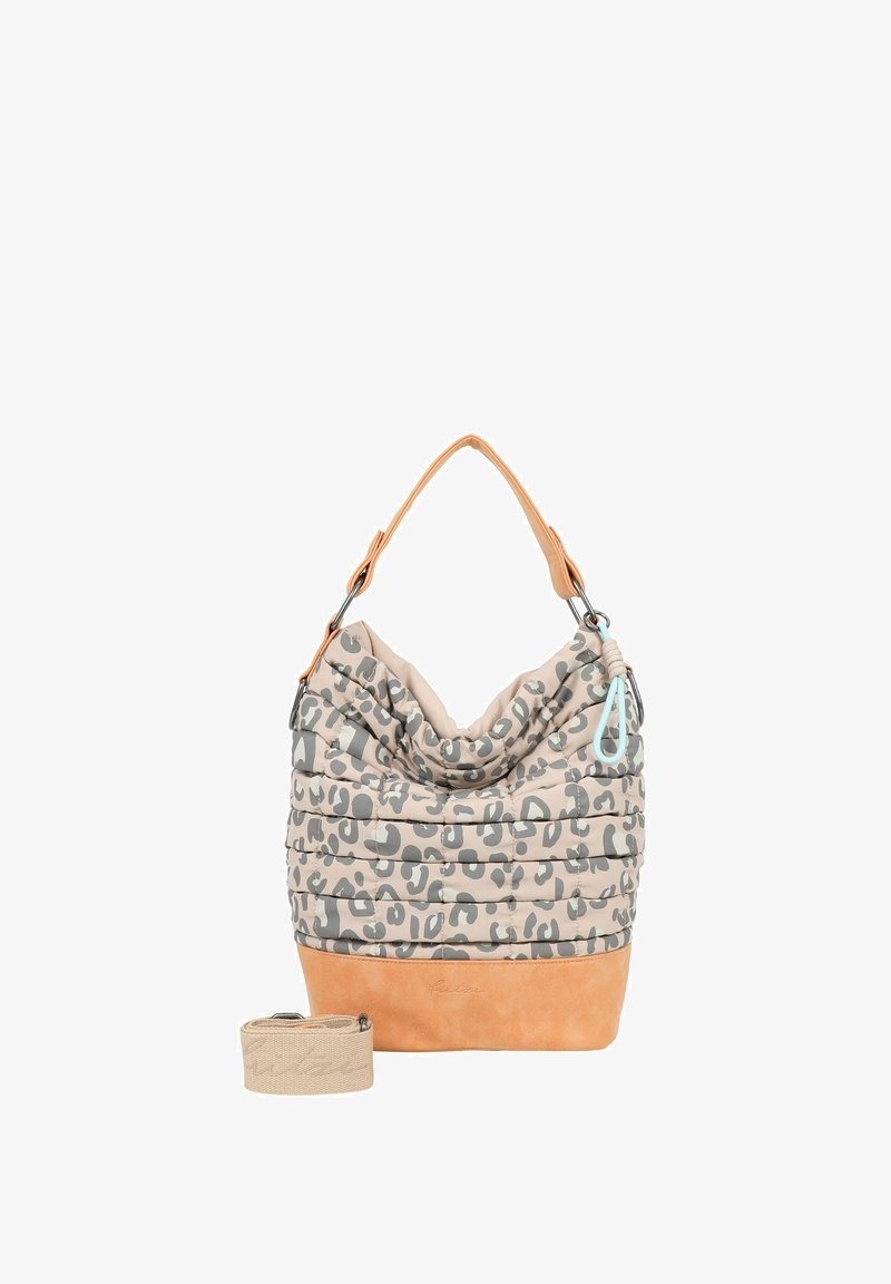 Borsa morbida in tessuto beige con stampa leopardata grigia, accentuata da una base in pelle color tan e una tracolla removibile.