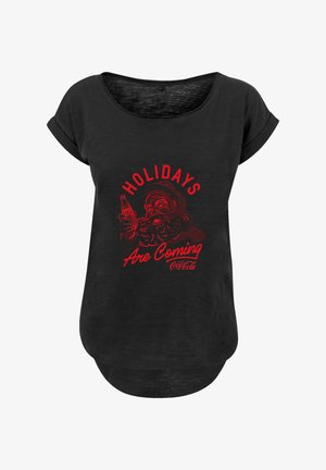 Black, short-sleeve t-shirt featuring a red graphic of Santa holding a Coke bottle with the text "HOLIDAYS Are Coming" in red.
