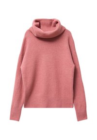 Pull en tricot rose avec un col roulé haut à côtes. Doté de manches longues et d'une coupe décontractée. Texture douce avec une finition lisse.