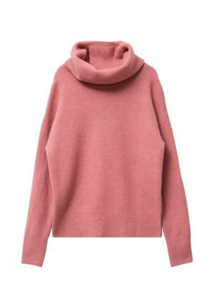 Maglione rosa in maglia con un alto collo a coste. Presenta maniche lunghe e una vestibilità comoda. Texture morbida con una finitura liscia.