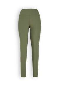 Legginsy o wysokim stanie w oliwkowej zieleni, wykonane z elastycznego materiału, z gładką teksturą i dopasowanym krojem.