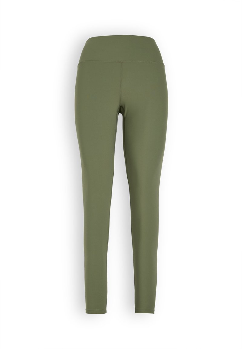 Legginsy o wysokim stanie w oliwkowej zieleni, wykonane z elastycznego materiału, z gładką teksturą i dopasowanym krojem.