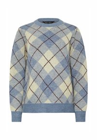 Dzianinowy sweter w niebiesko-kremowym kolorze z wzorem w diamenty. Posiada prążkowany dekolt okrągły, mankiety i dół, z bordowymi akcentami w wzorze.