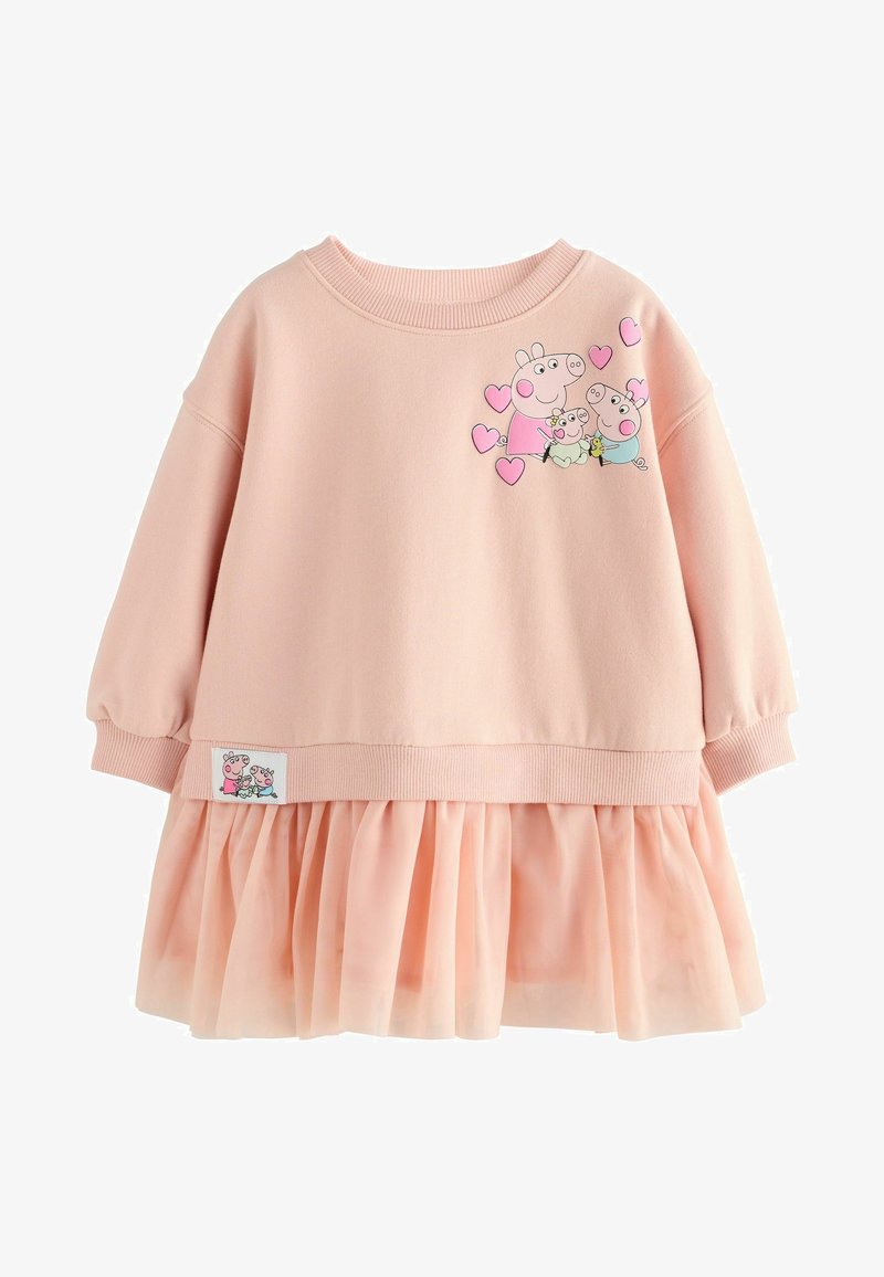 Robe-sweat rose avec un col côtelé, dotée d'une jupe en tulle moelleux. Design imprimé de cochons de dessin animé et de cœurs sur le devant.