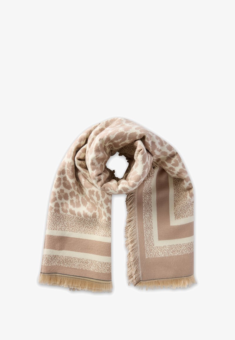 Sciarpa rosa chiaro con motivo a stampa leopardata, bordata da pattern geometrici e orlo frangiato, realizzata in tessuto morbido e dalla texture.