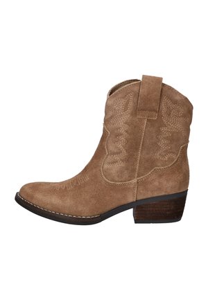 Bruine suède enkellaars cowboylaars met decoratieve stiksels, een trekhaakje bovenaan en een lage gestapelde houten hak.