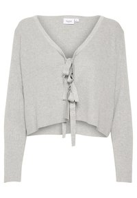 Ljusgrå ribbad kofta med långa ärmar, djup V-hals och knytframslutning. Croppad design med mjukt, strukturerat tyg.