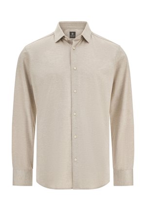 Camicia beige a maniche lunghe realizzata in tessuto leggero, con colletto classico, chiusura con bottoni e orlo leggermente arrotondato.