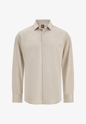 Beige langemouw overhemd van lichtgewicht stof, met een klassieke kraag, knoopsluiting aan de voorkant en een licht afgeronde zoom.