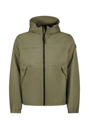 Olijfgroene jas met een capuchon, voorzien van een rits aan de voorkant, twee grote zijzakken en elastische manchetten. Gemaakt van lichtgewicht materiaal.