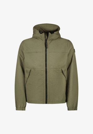 Olijfgroene jas met een capuchon, voorzien van een rits aan de voorkant, twee grote zijzakken en elastische manchetten. Gemaakt van lichtgewicht materiaal.