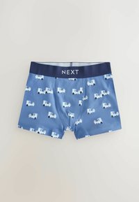 Modré boxerky s bielym vzorom zmrzlinárskeho vozíka, vybavené námorníckym elastickým pásom s logom "NEXT". Mäkká tkanina s hladkou textúrou.