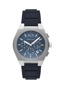 Orologio con cinturino in silicone navy, cassa in acciaio inox, quadrante blu, tre sottoquadranti e indicazione della data. Presenta indici e lancette argentati.