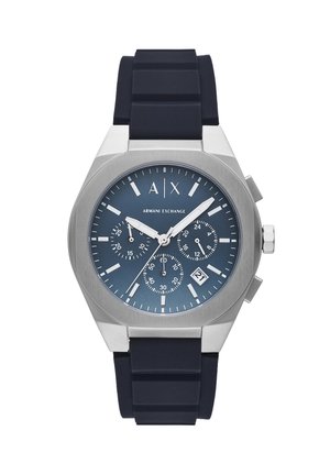 Navy silicone strap watch with a stainless steel case, blue dial, three sub-dials, and date display. Features silver hour markers and hands.