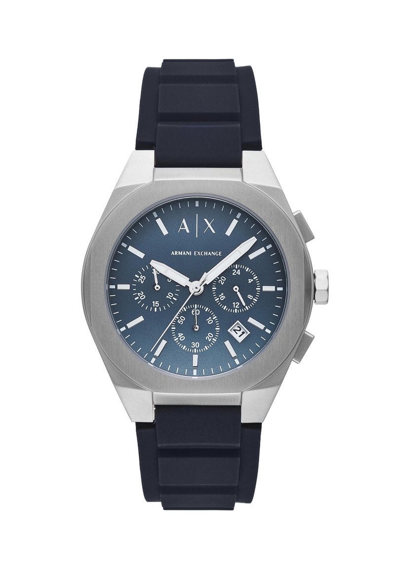 Orologio con cinturino in silicone navy, cassa in acciaio inox, quadrante blu, tre sottoquadranti e indicazione della data. Presenta indici e lancette argentati.