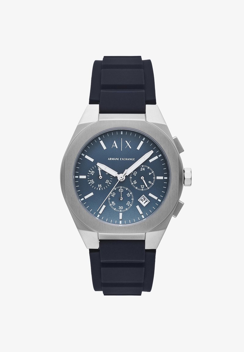 Orologio con cinturino in silicone navy, cassa in acciaio inox, quadrante blu, tre sottoquadranti e indicazione della data. Presenta indici e lancette argentati.