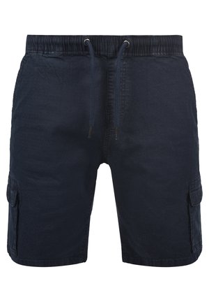 Shorts cargo bleu marine avec taille à cordon, tissu texturé et poches latérales pour le rangement. Design à mi-cuisse.