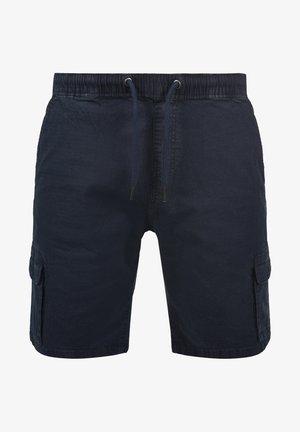 Sötétkék cargo rövidnadrág, húzózsinórral a derékrészen, textúrált anyaggal és oldalsó zsebekkel a tároláshoz. Térd feletti hosszúságú kialakítás.