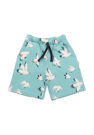 Türkise Shorts mit einem elastischen Bund und Kordelzug, versehen mit einem weißen Möwenmuster und zwei seitlichen Taschen. Weicher Stoff, lässiges Design.