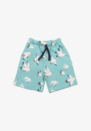 Türkise Shorts mit einem elastischen Bund und Kordelzug, versehen mit einem weißen Möwenmuster und zwei seitlichen Taschen. Weicher Stoff, lässiges Design.