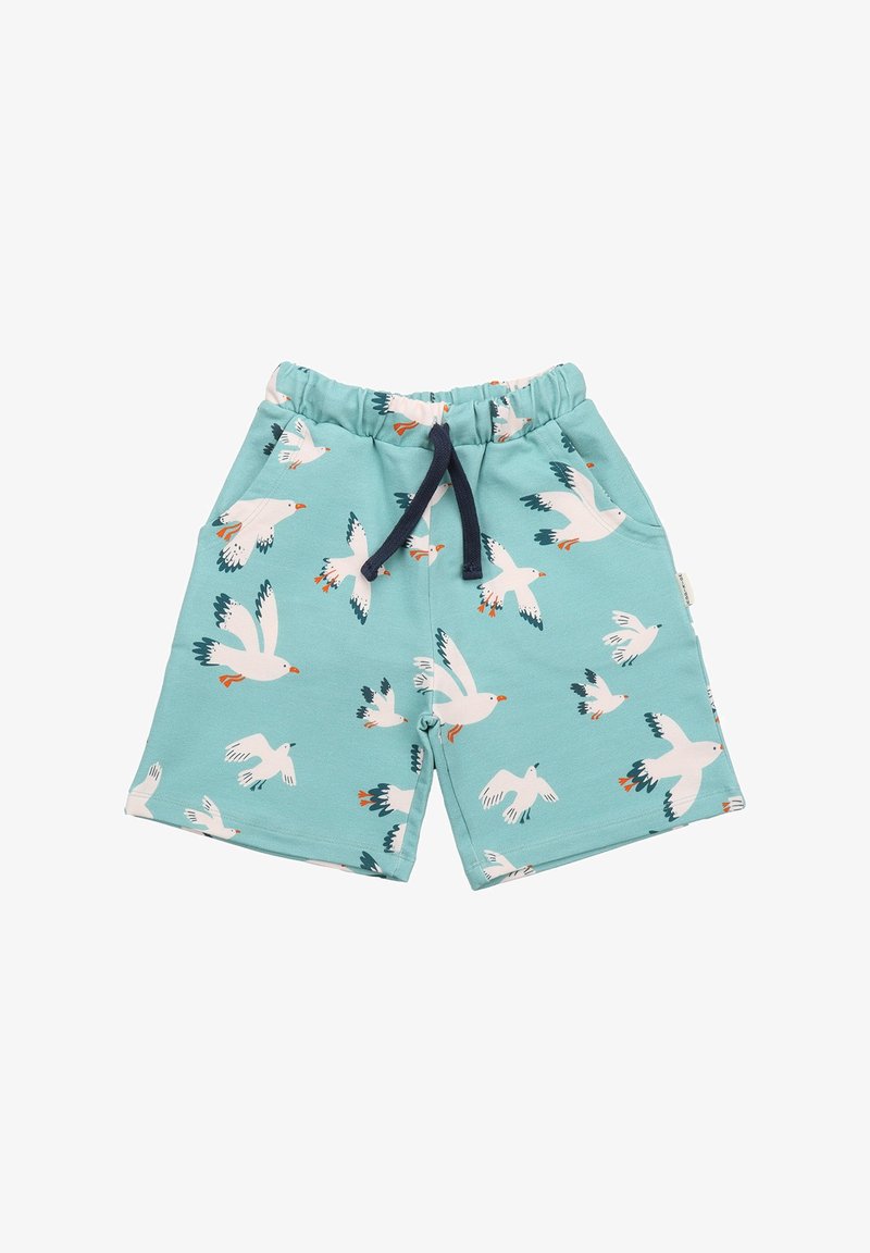 Turquoise shorts with an elastic waistband and drawstring, featuring a white seagull print and two side pockets. Soft fabric, casual design.