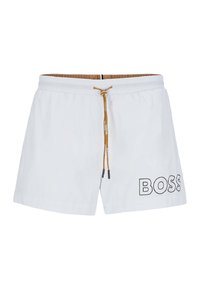 Balti maudymosi šortai su elastinga juosmeniu, ruda virvele ir juodu "BOSS" logotipu kairėje pusėje. Lengvas audinys ir paprastas dizainas.