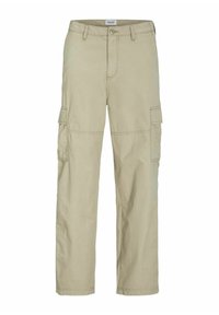 Beige cargo bukser lavet af bomuldsblanding. Har flere sidelommer, lynlåslukning og bæltesløjfer. Lige ben design med stikninger.