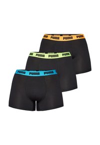 Drei Paar schwarze Boxershorts mit elastischen Bund. Jeder Bund ist in einer kontrastierenden Farbe gehalten: Orange, Grün und Blau, jeweils mit Logotext.
