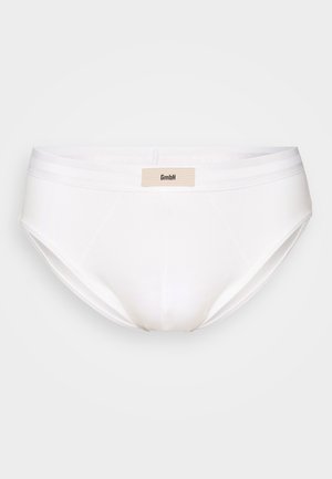 White cotton briefs with a smooth texture, featuring an elastic waistband and a small label with the brand "GmbH" on the back center.