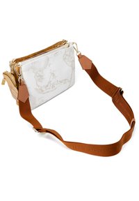 White fabric bag with a light map print, tan leather accents, dual zipper compartments, and a brown adjustable strap. Gold hardware details.
