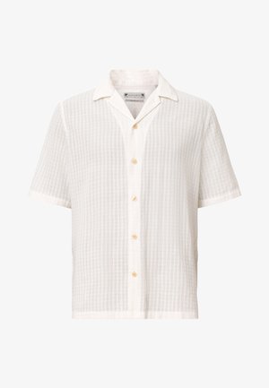 Kortebloezem shirt in lichtbeige textiel met een subtiel ruitpatroon, voorzien van een klassieke kraag en knopen in natuurlijke kleuren.