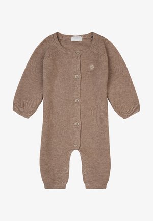 Bruine gebreide baby romper met lange mouwen, ronde halslijn, knoopsluiting aan de voorkant en geribde manchetten. Bevat een klein logo op de borst.