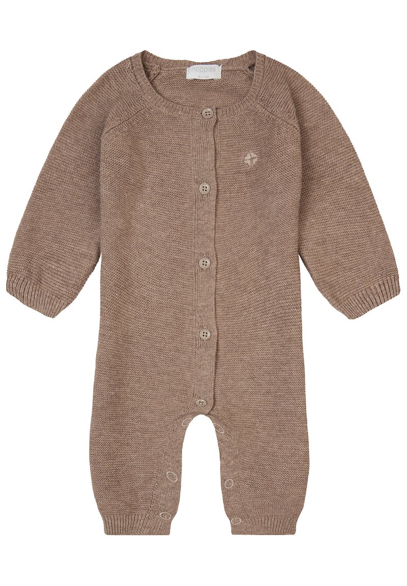 Rompers en tricot marron pour bébé avec manches longues, encolure ronde, fermeture à boutons sur le devant et poignets côtelés. Présente un petit logo sur la poitrine.