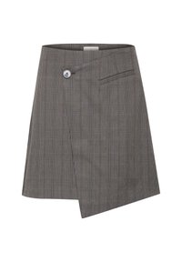 Šedá kostkovaná zavinovací sukně s diagonálním lemem, obsahující jedno knoflíkové zapínání a boční kapsu. Vyrobena z hladké, lehké tkaniny.