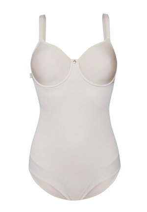 Light beige bodysuit with adjustable thin straps, molded cups, and a smooth texture. Features a subtle shine and snap closure at the bottom.