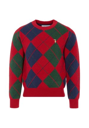 Sweter w wzór argyle w kolorach czerwonym, zielonym i niebieskim. Dzianinowa faktura, okrągły dekolt, ściągacze na mankietach i u dołu. Mały złoty logo na klatce piersiowej.