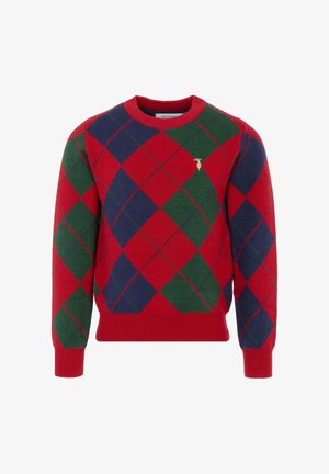 Rood, groen en blauw argyle-patroon trui. Gebreide textuur, ronde halslijn, ribbelboorden en onderkant. Kleine gouden logo-accent op de borst.
