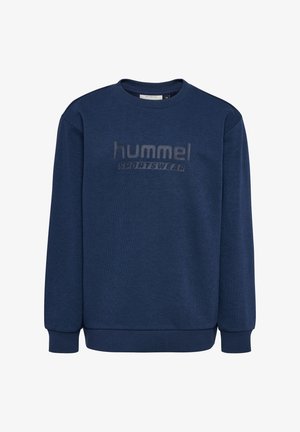 Marineblauwe sweatshirt gemaakt van zachte stof, met een ronde hals, lange mouwen en een verhoogde logo-tekst "hummel SPORTSWEAR" op de voorkant.