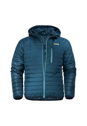 Teal-blue padded jacket with hood, long sleeves, front and chest zip pockets, and a small uvex logo on the chest.