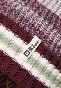 Berretto lavorato a maglia con strisce color maroon, viola e crema, con dettagli verde e un'etichetta che mostra il logo Jack Wolfskin.
