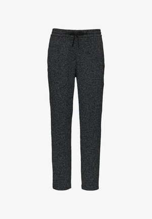 Zwarte, gestructureerde joggingbroeken met een tailleband met trekkoord. Aangekleed bij de enkels, met een subtiel gemêleerd patroon door de stof heen.